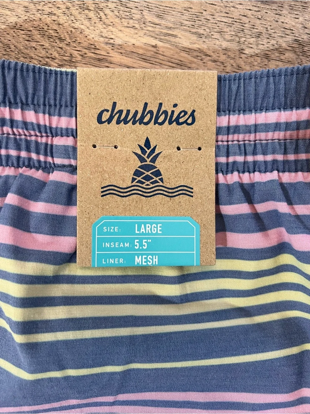 chubbies Navy Swim Trunks with Pink & Yellow Stripes